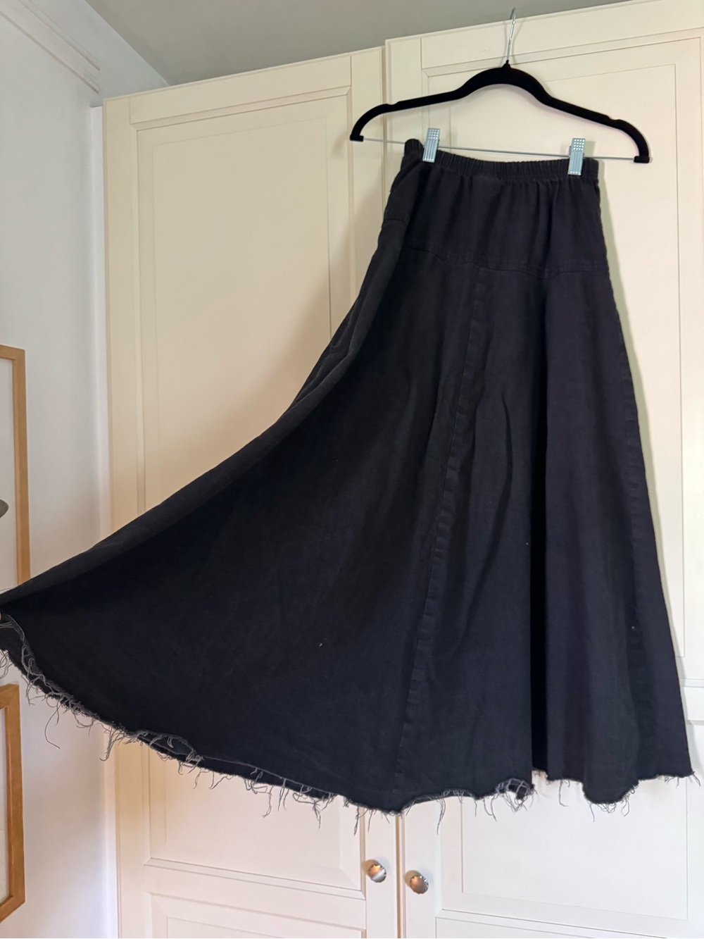 Black Maxi Skirt with Frayed Hem and Elastic Waist